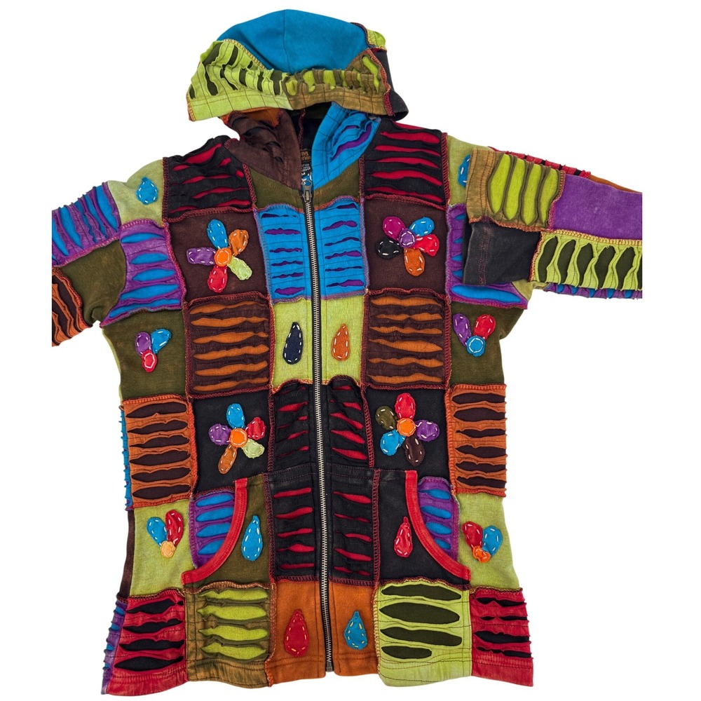 Rising International Nepal Patchwork Hoodie Jacket M‎  Rainbow Floral Peace Sign
